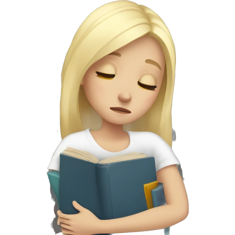 White blonde girl hugging pile of books while crying emoji