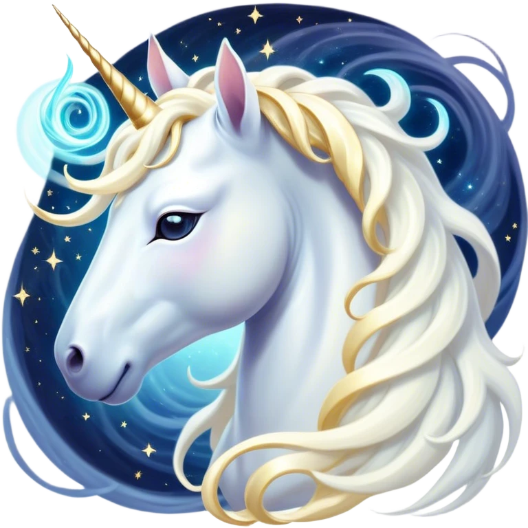 Beautiful and Majestic White Unicorn Portrait Emoji, Head and body exuding serene brilliance with a luminous, flowing mane and a gracefully spiraled horn, eyes gently closed in peaceful reverie, Simplified yet exquisitely enchanting features, highly detailed, glowing with a soft, celestial light, high shine, serene and utterly majestic, stylized with an air of timeless fantasy, soft glowing outline, capturing the essence of a beautiful and majestic white unicorn that embodies the pure magic of legend! emoji