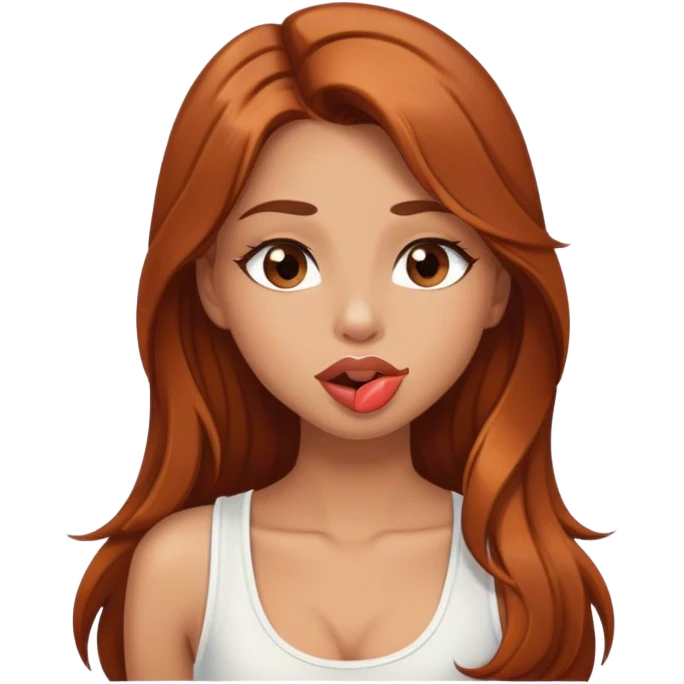 Girl with long brown copper hair, brow eyes, light tan skin, with a white fancy tank top-puckering lips and sending a kiss , and winking emoji