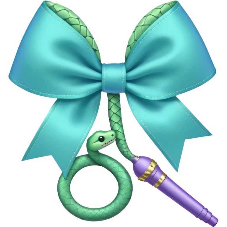 A pastel blue bow with a pastel a pastel green snake at the top of one side and a pastel purple microphone on the bottom of the other side of the bow emoji