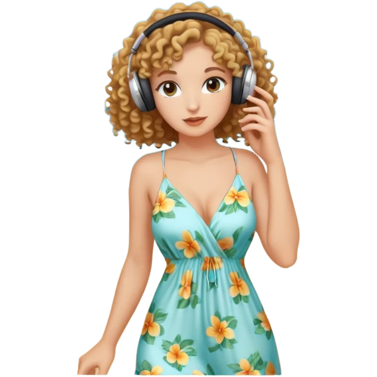a woman with curly hair, wearing earphones, wearing a sexy beach dress emoji