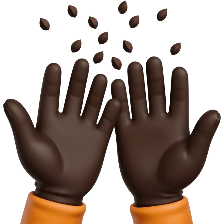 A 3D cartoon pair of gloved hands holding rich dark soil, small bits falling between fingers, bright garden background, soft light, Memoji-style realism. emoji