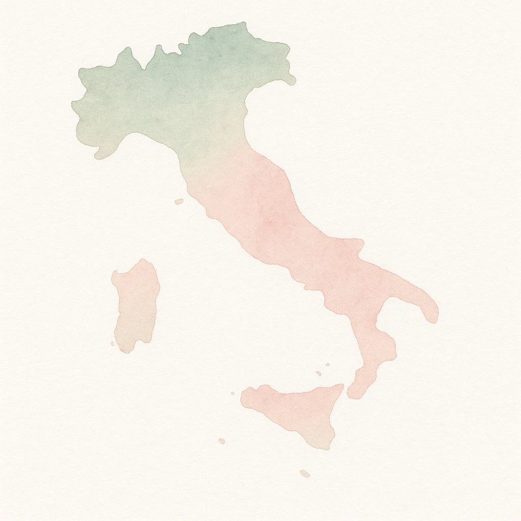 Map of Italy in watercolor style with white, green, and pink pastel tones emoji