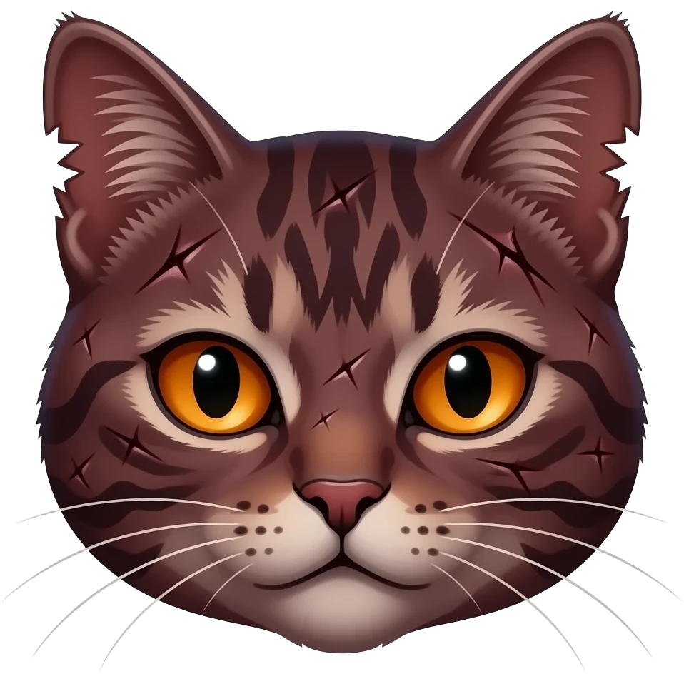 An evil very darkredbrown tabby cat head with scars and bright orange eyes and a lot of scars and torn ears emoji