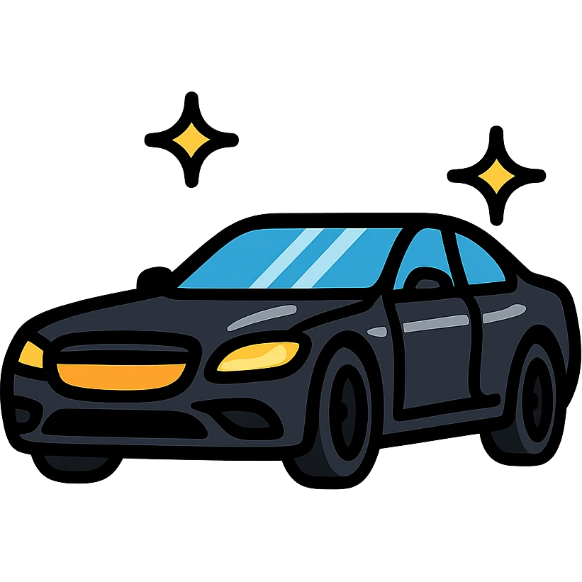 full body high-end luxury car icon, glossy black with multiple small sparkling stars and strong mirror-like reflections, impeccable perfectly clean finish, modern and clean style emoji