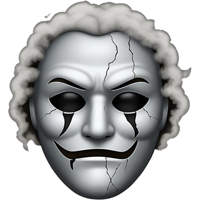 Minimalist emoji-style sticker of a cracked actor’s mask with empty eyes and faint smoke rising, grayscale with dusty shadows emoji