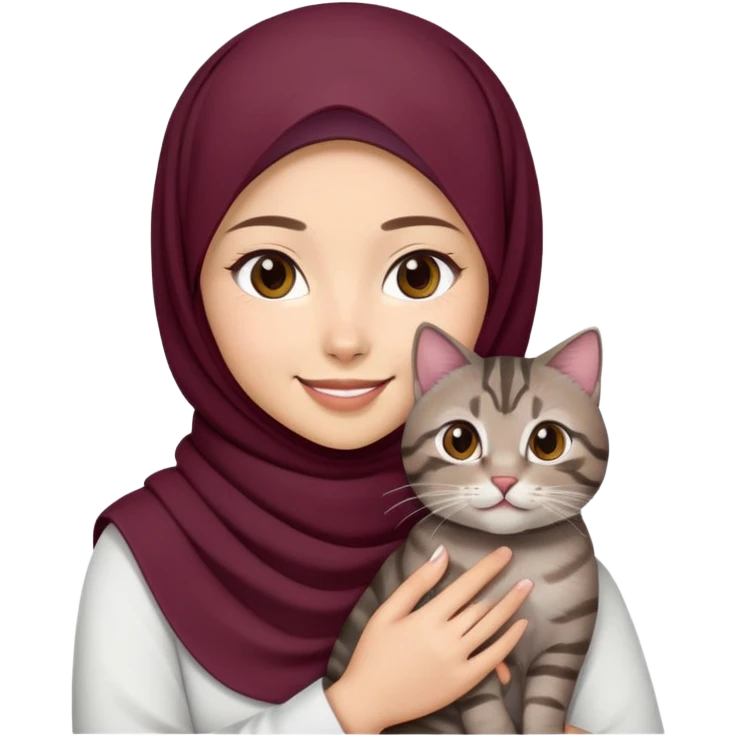 Asian white Girl wearing dark maroon hijab with white shirt smiling while holding a black brown grey tabby cat emoji