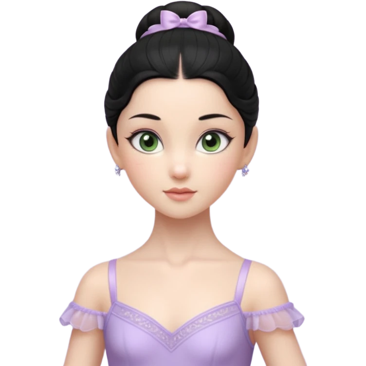 Cinematic Realistic ballerina Light Purple Portrait, depicted with lifelike skin texture, subtle rosy undertones, and soft natural lighting that enhances the gentle contours of her face. Her intricately detailed sweet black hair is elegantly styled, green eyes emoji