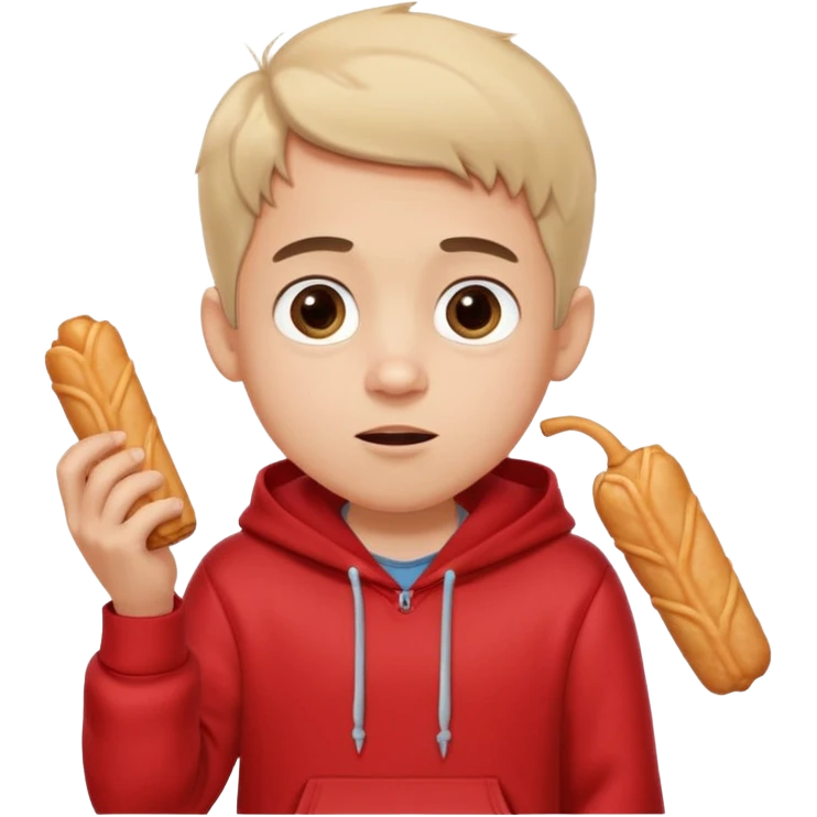 ute funny Spanish cartoon boy named Peque Tito, red hoodie, denim shorts, big expressive eyes, holding a churro, Pixar-style, viral character.” emoji