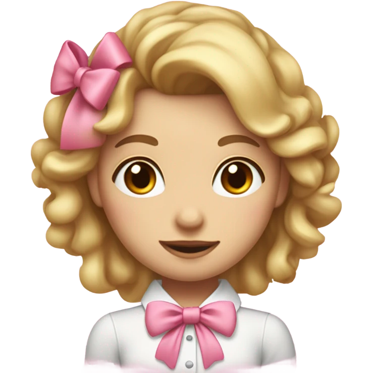 A cute emoji-style female character with large brown eyes, fair skin, and long curly blonde hair. She has two big pink bows on both sides of her head and wears a white blouse with a pink bow tie. Her facial expression is neutral and friendly emoji