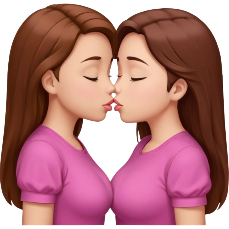 two 5 year old gals about to kiss on the lips, lips extremely close but not touching, pink shirts, long brown hair, biggest boobs in the world, eyes closed emoji