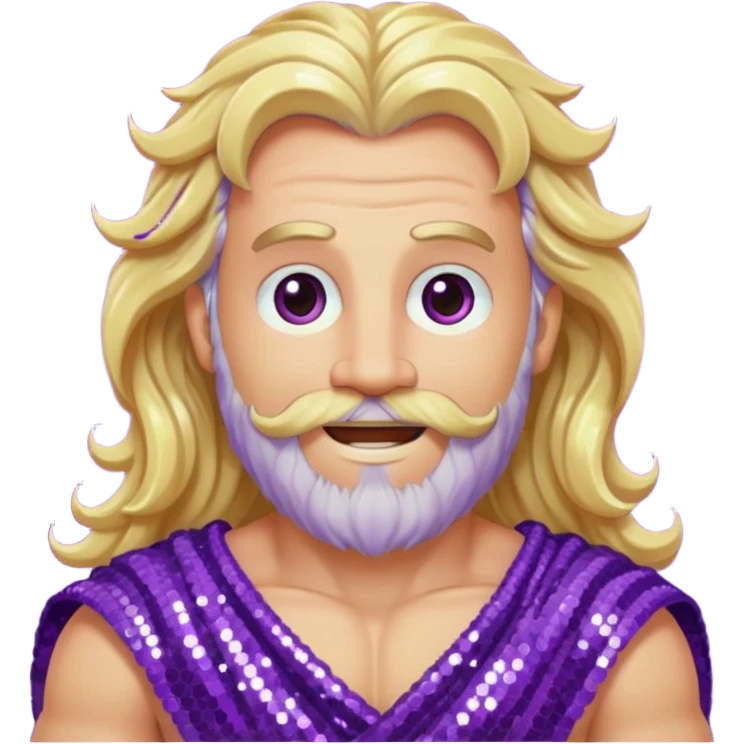 Zeus from Olympus Gods with long blonde wavy hair and beard, purple sequin loincloth emoji
