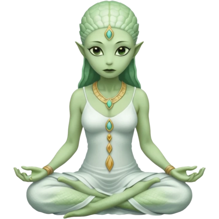a Reptilian alien woman,in meditation, white dress like a priestess emoji