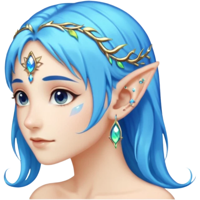 portrait of blue haired Elvish fae shiny sparkly iridescent translucent diaphanous ear climber ear cuff emoji