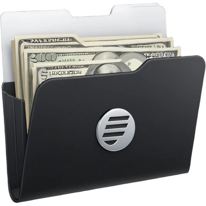 A minimal emoji-style icon of a matte black folder, slightly open, with a simple white or gold finance logo on the front symbolizing growth, stability, and money management, clean lines, subtle shading, and a professional, organized vibe. emoji