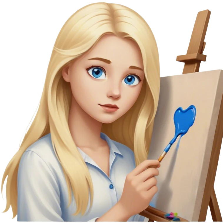 Cinematic realistic blonde with long hair, blue eyes paints a picture on canvas emoji