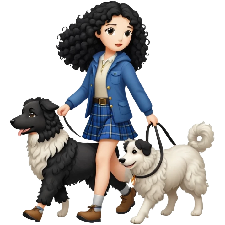 A girl with long black curly hair walking a Scottish shepherd dog emoji