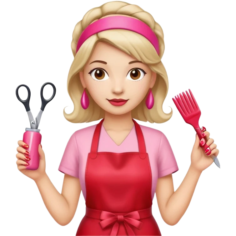 Female hairdresser with headband, wearing red apron, holding pink nail polish bottle and scissors, beauty salon employee emoji