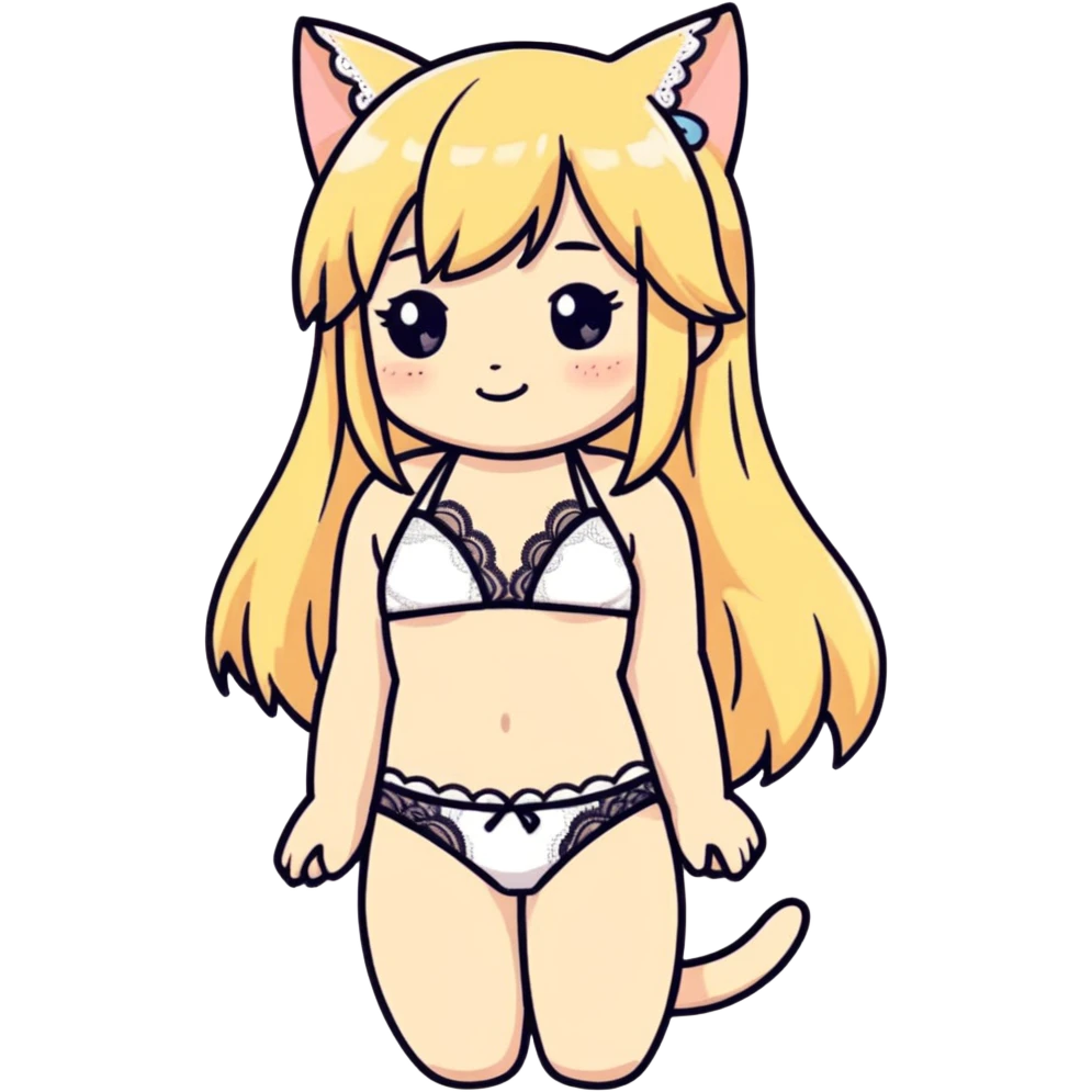 flirty petite blonde catgirl soft body long hair freckles shy lace white bikini emoji