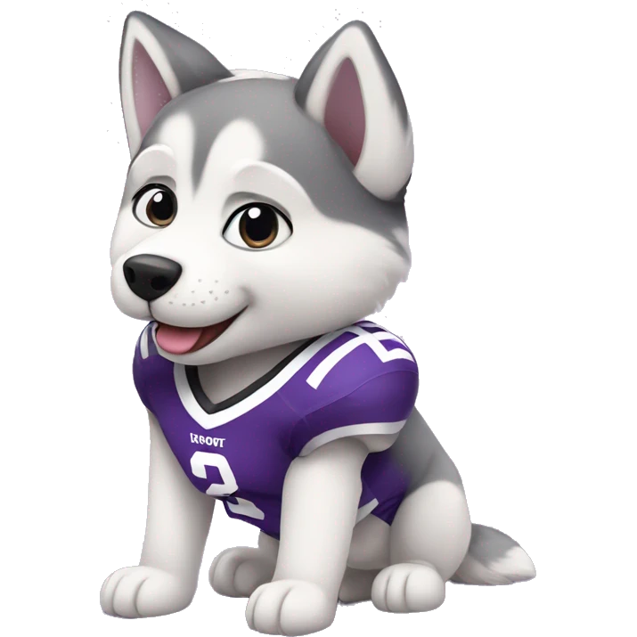 cute fluffy baby husky wearing a purple football jersey emoji