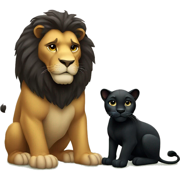 Big serious lion sitting next to a little young black panther emoji
