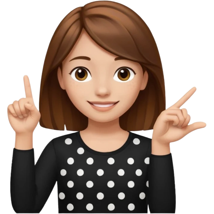 girl wearing a  black polka white dots  shirt style, and poiting witgh her hand, her hair brown  emoji