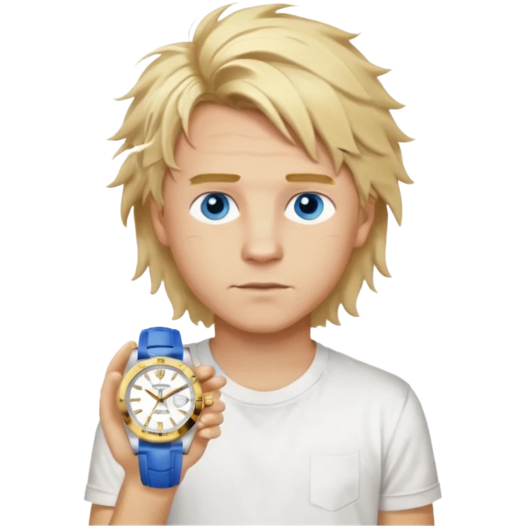 Create a look for a blond boy with long, tousled hair, light eyes, a white t-shirt, a wealthy appearance, blue eyes, and accessories like a Rolex or Cartier watch, and a cute face with messy hair down. emoji