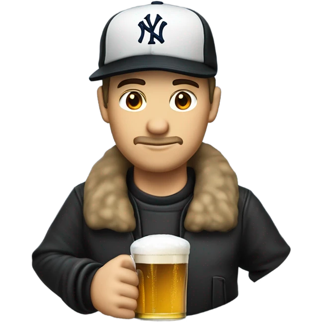 Homme blanc / cheveux courts noir / mal rasé / casquette noir yankees noir / avec une bière emoji
