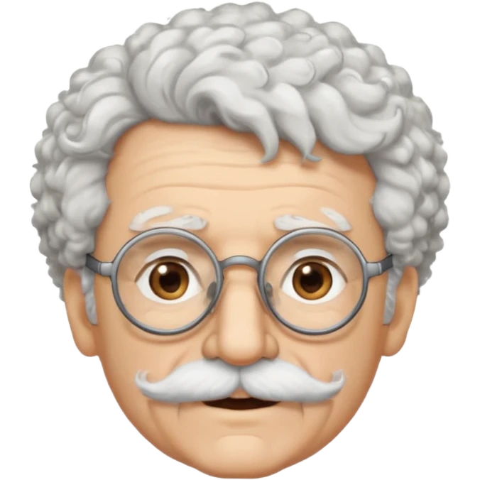 An elderly scientist emoji fluffy curly white hair, brown eyes behind black-framed glasses, a narrow pointed face, and a thin straight white mustache above his mouth. emoji