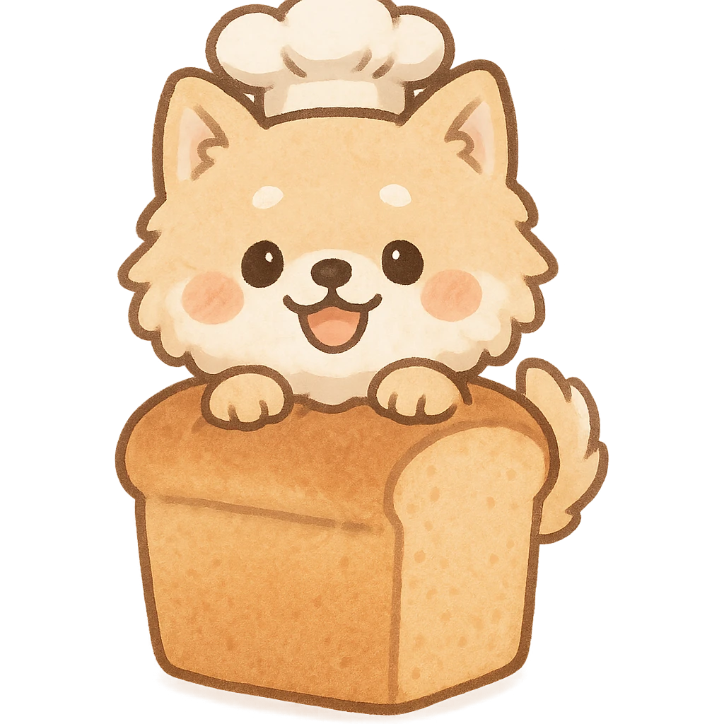 chibi style soft fluffy dog as a bread maker, peeking from a bread loaf, cheerful, warm beige, full-body emoji