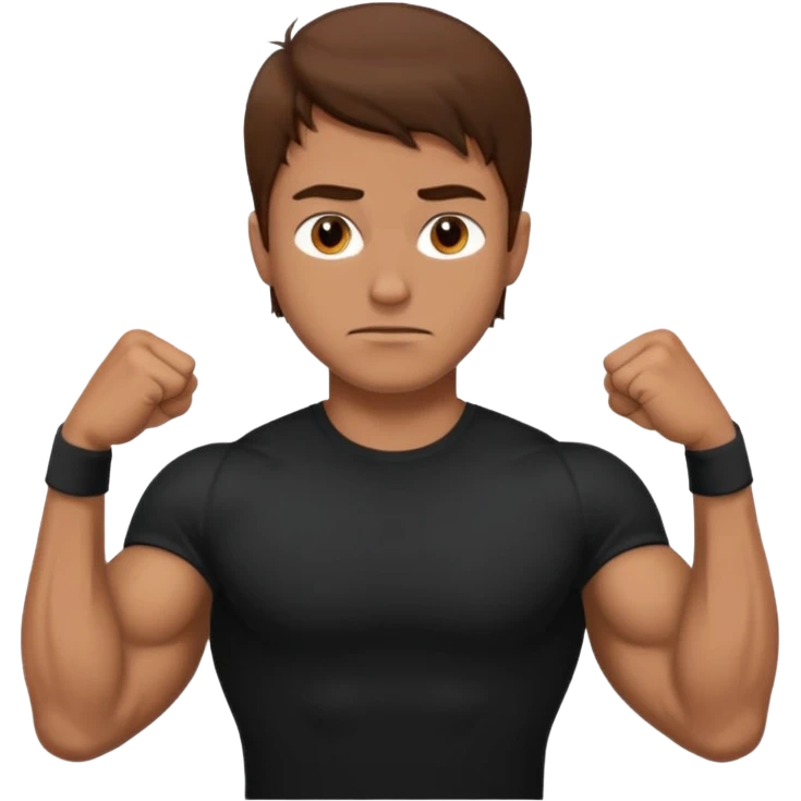man with brown hair who is strong wearing black t shirt not smiling muscles emoji