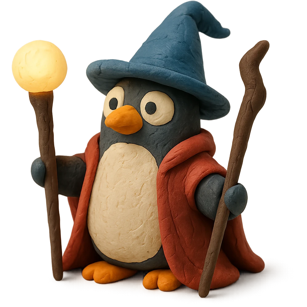 penguin wizard with a staff and glowing orb in claymation style emoji