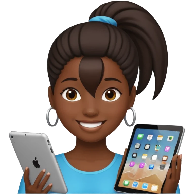 Black girl with ponytail holding ipad emoji