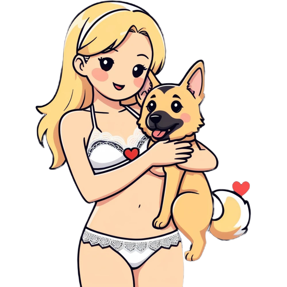 petite blushing subby blonde human woman white lace bikini romance with large German shepherd hearts emoji