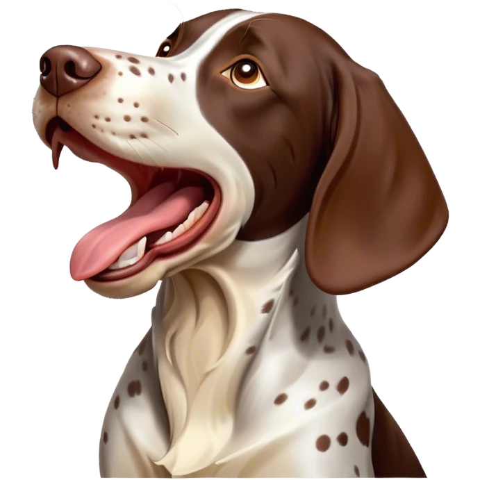 Cinematic Comical German Pointer Dog Portrait Emoji, Head tilted dramatically while yawning exaggeratedly, sleek brown and white coat with subtle spots, Simplified yet hilariously adorable features, highly detailed, glowing with an almost sarcastic glow, high shine, a mix of lazy and disinterested, stylized with a touch of playful whimsy, bright and alert but with a hilariously bored expression, soft glowing outline, capturing the essence of a mischievous yet overly dramatic dog, so meme-worthy it feels like it could leap off the screen and sarcastically demand attention, perfect for the internet's next viral meme! emoji