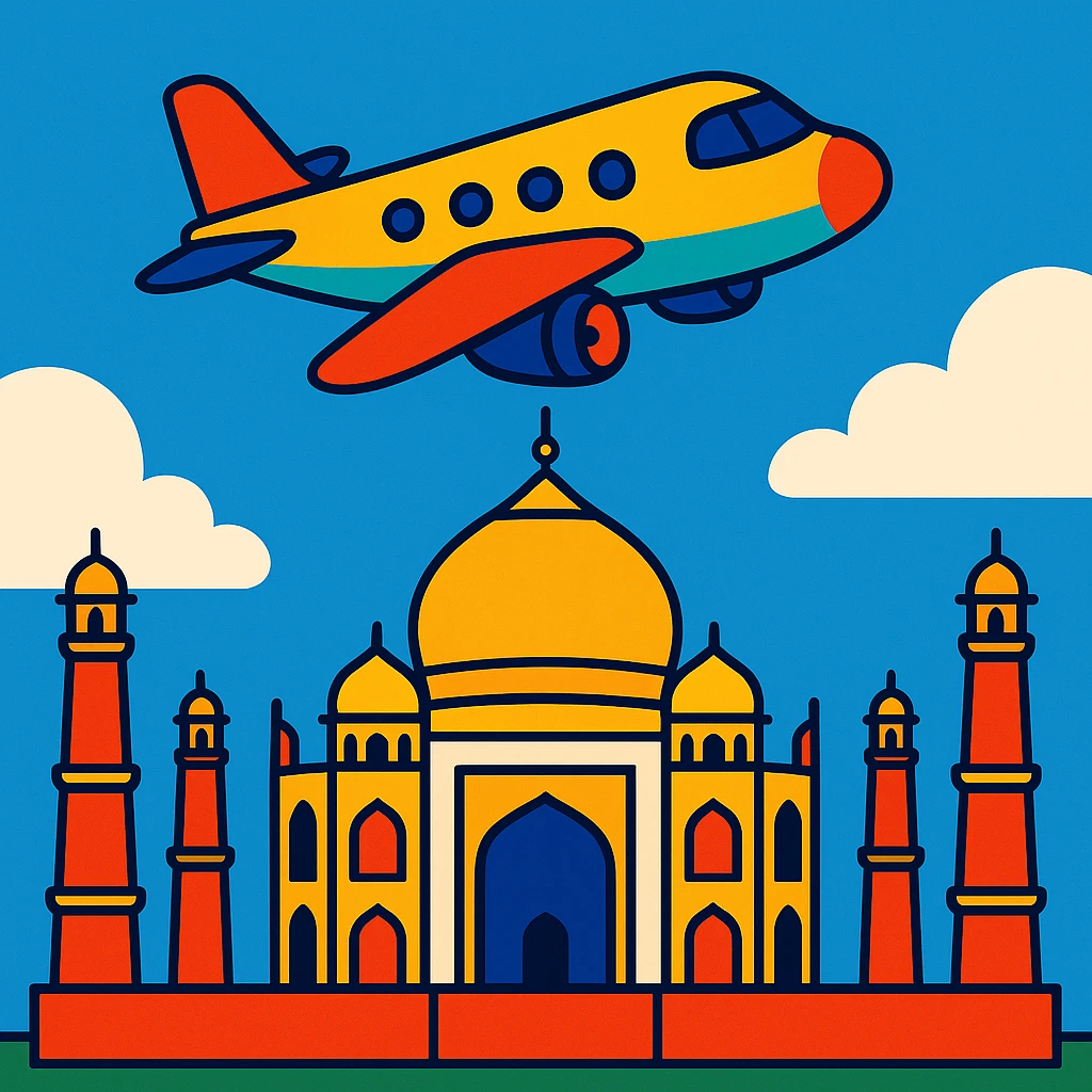 colorful airplane flying over the Taj Mahal emoji