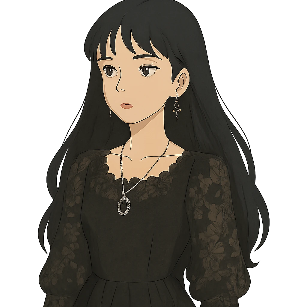 goth girl, pale skin, long black hair, lace dress, silver jewelry, dreamy ghibli-inspired style emoji