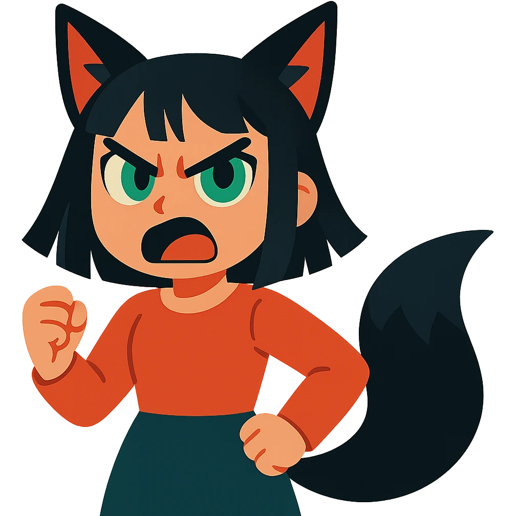 A girl with black fox ears and a tail, green eyes, dark hair, looking angry emoji