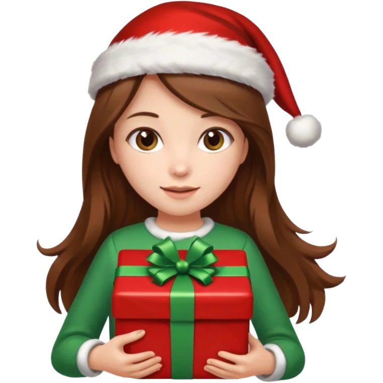 a girl with long brown hair wearing a christmas clothes and holding a gift emoji