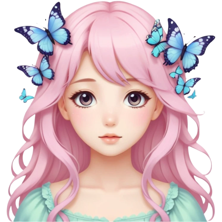 gorgeous pretty anime pastel lady with butterflies and beautiful hair fairycore cottagecore emoji