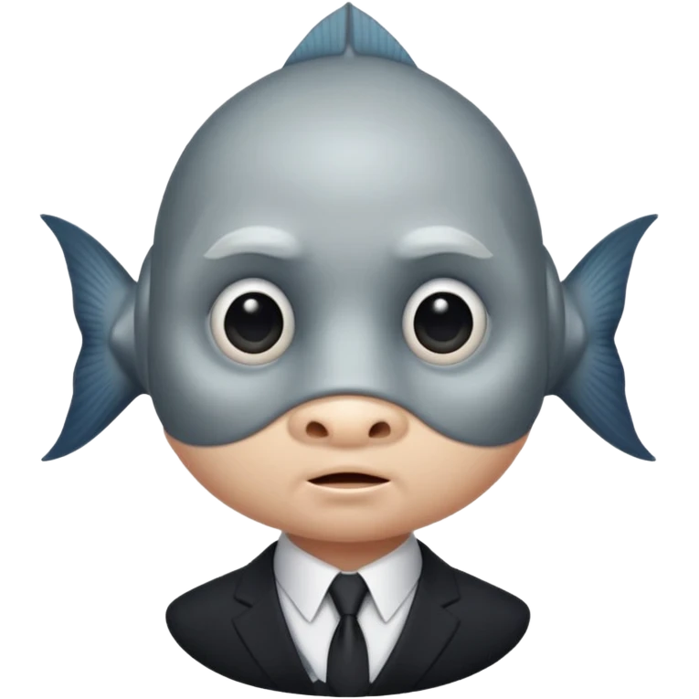 A fish man dressed in a black suit. Its face is grey fish. Just a fish. And The fish is facing upward. The fish’s neck connects smoothly with the collar of the suit. emoji
