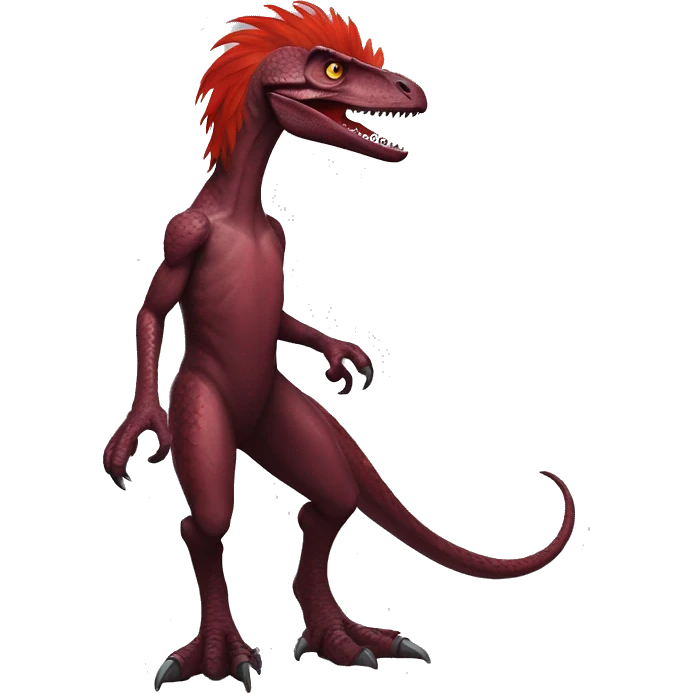 Cool edgy sexy handsome Maroon-colored velociraptor with bright-red messy mane full body emoji