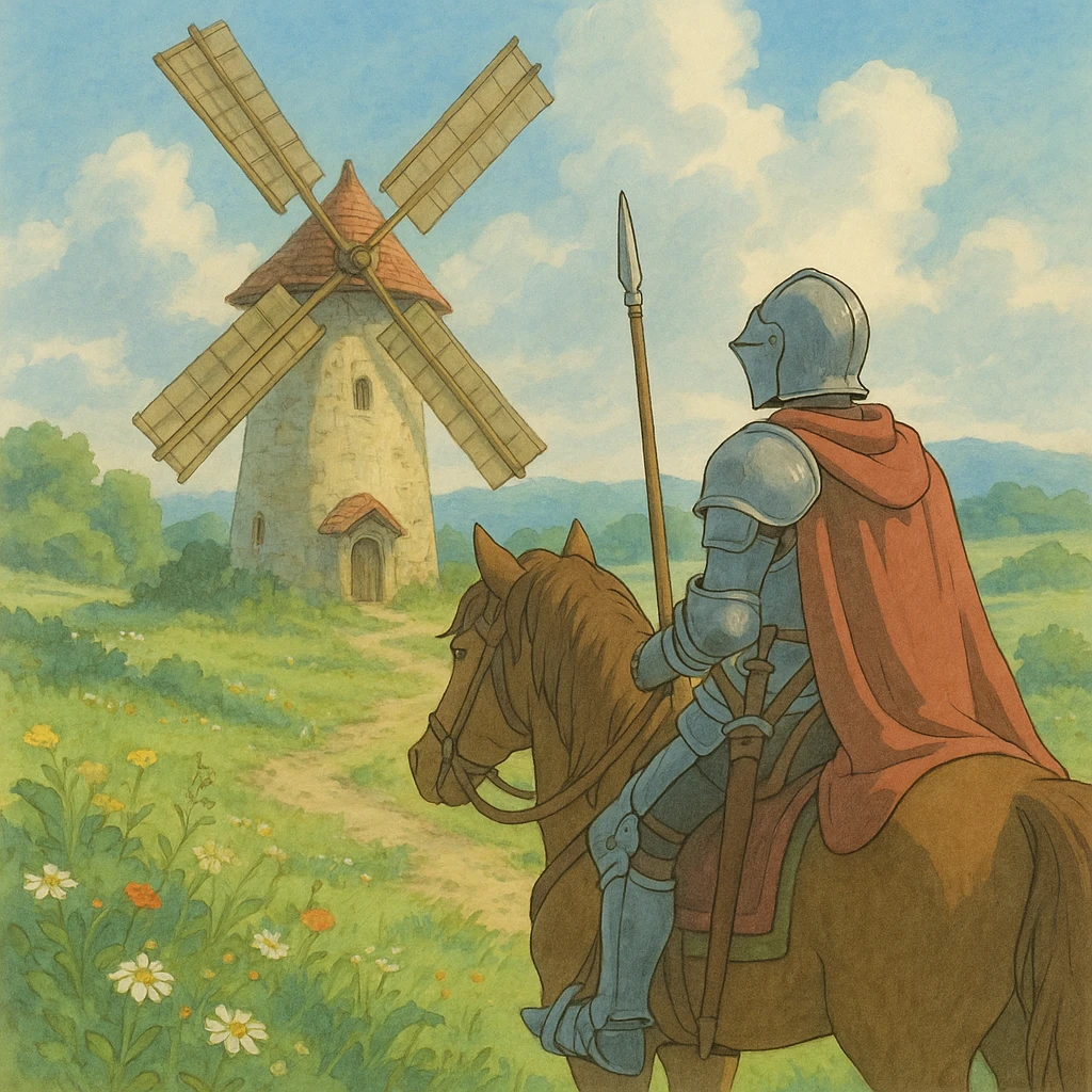 knight on horseback in front of windmill, ghibli style, soft colors, detailed, atmospheric emoji