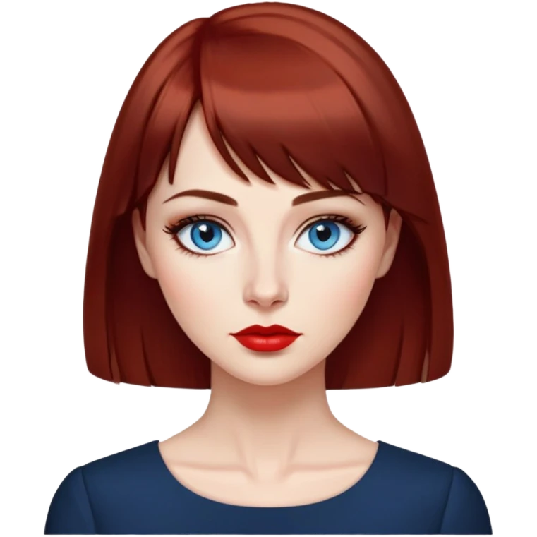 Creative 40-something woman with fair skin, oval face, striking blue eyes with dark eyeliner, thin eyebrows, small nose, full lips with bright red lipstick, dark auburn hair with straight bangs, slight age lines, wearing an elegant black blouse, artistic expression emoji