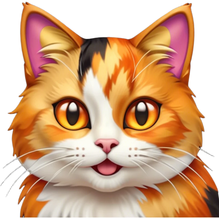 Cinematic Comical Calico Cat Portrait Emoji, Head tilted dramatically with an exaggeratedly surprised expression, showcasing a vibrant patchwork fur of orange, black, and white with wide, comically expressive eyes, simplified yet hilariously detailed, glowing with a sassy, golden radiance, high shine, exuding playful mischief and cheeky feline attitude, styled with a soft glowing outline, capturing the essence of a calico cat that looks ready to leap off the screen with mischievous flair! emoji