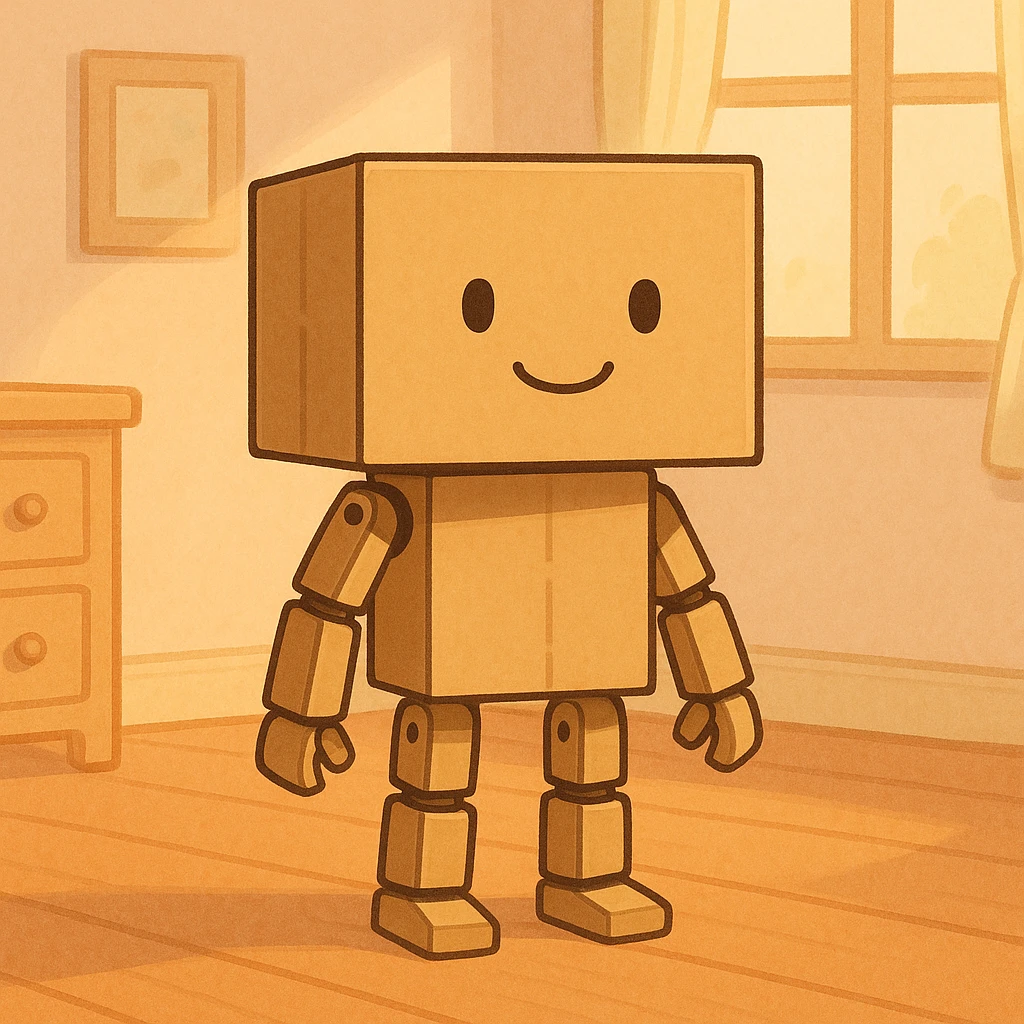 cartoonish cardboard robot with square head, simple drawn face, jointed limbs, standing in a warm, softly lit room with wooden floor, pastel colors, clean lines, nostalgic and cozy emoji