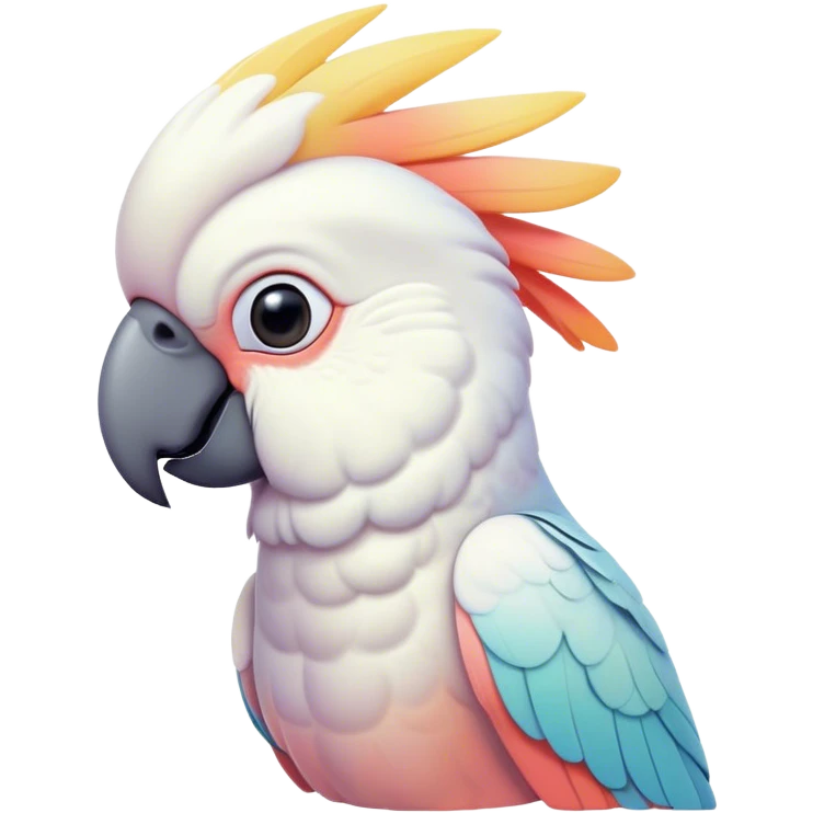 Cinematic Noble Cockatoo Portrait Emoji, Poised and regal, with a striking, crest-adorned head of brilliant white and pastel hues, a robust, curved beak, and piercing, intelligent eyes, Simplified yet sharp and sophisticated features, highly detailed, glowing with a soft, tropical luminescence, high shine, intelligent and majestic, stylized with an air of avian elegance, focused and alert, soft glowing outline, capturing the essence of a watchful and confident cockatoo that appears ready to unfurl its crest out of the screen with effortless authority! emoji