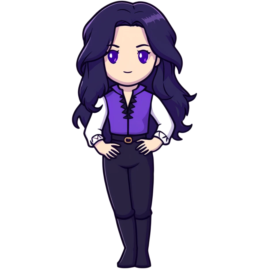 Yennefer from Witcher with long black hair, violet eyes, pale skin, wearing black clothes emoji