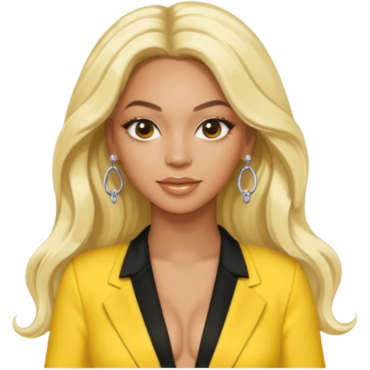 Beyonce with long platinum blonde hair, yellow outfit and earring emoji
