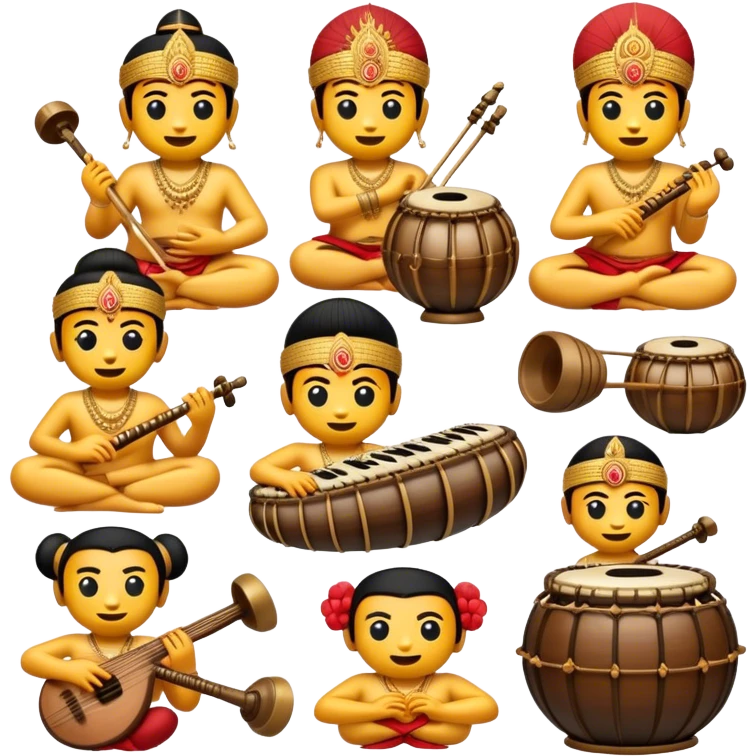 Cinematic Realistic Gamelan Pop Culture Emoji, depicted with an ensemble of traditional Indonesian instruments rendered with rich textures and rhythmic, cultural lighting. emoji